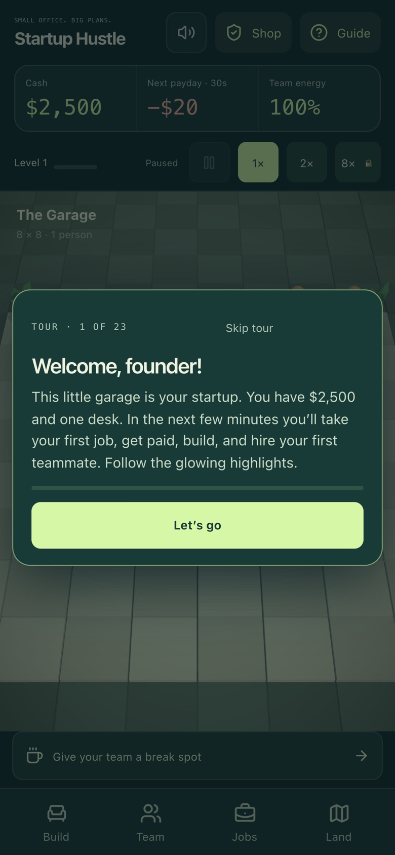 The interactive tour’s first card, “Welcome, founder!”, over the garage office: take your first job, get paid, build and hire