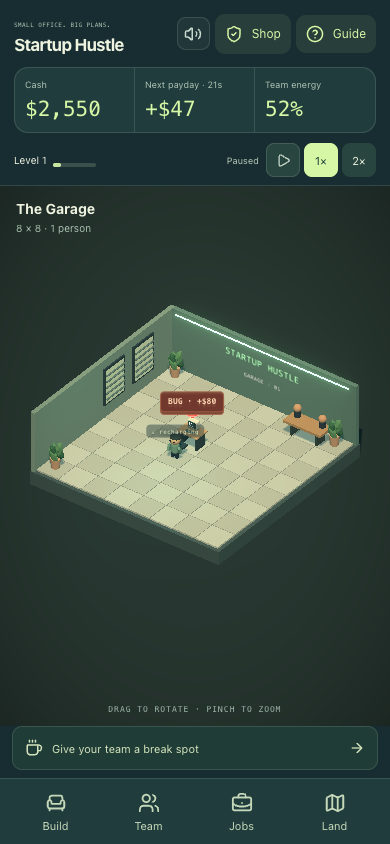 Development preview of Startup Hustle showing a 3D garage office, team energy and Build, Team, Jobs and Land controls